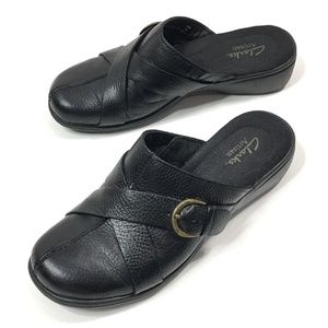 Clarks Black Leather Buckle Criss Cross Mules 7.5